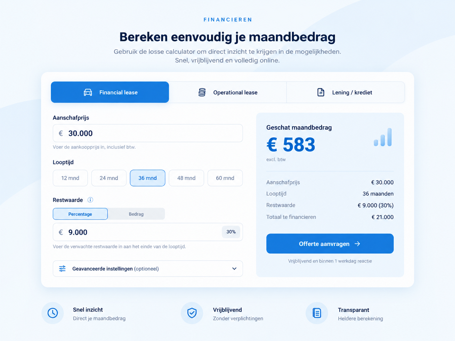 Voorbeeld van een losse calculator op een financieringspagina