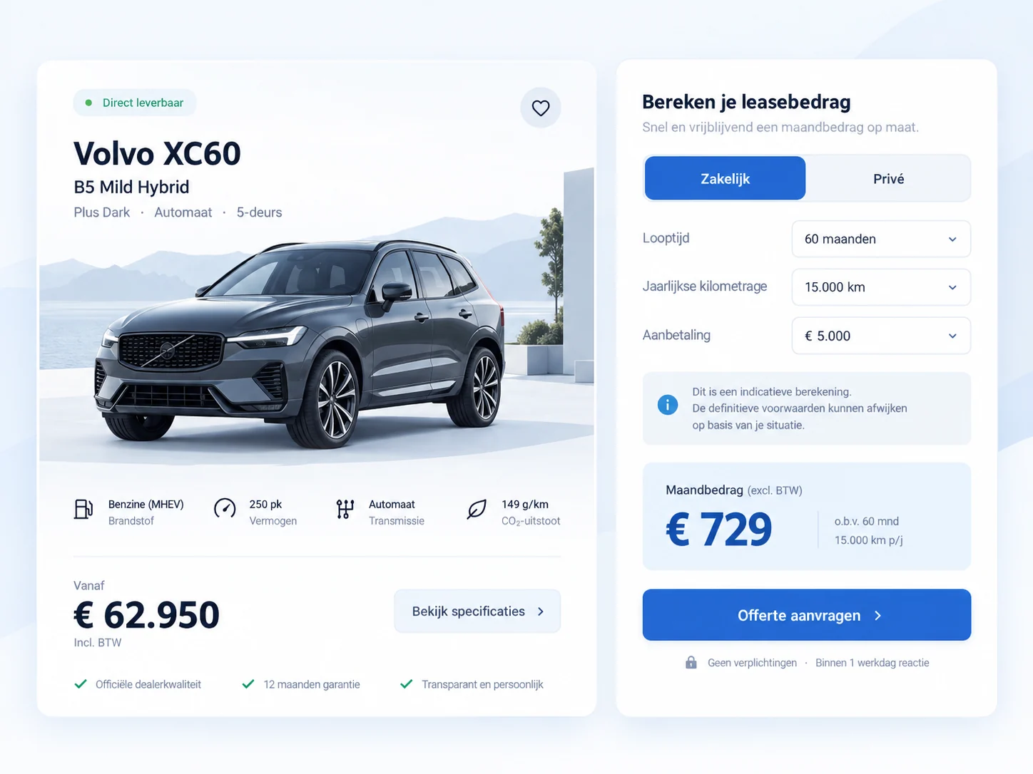 Nederlandstalig voorbeeld van een voertuigcalculator bij een Volvo XC60